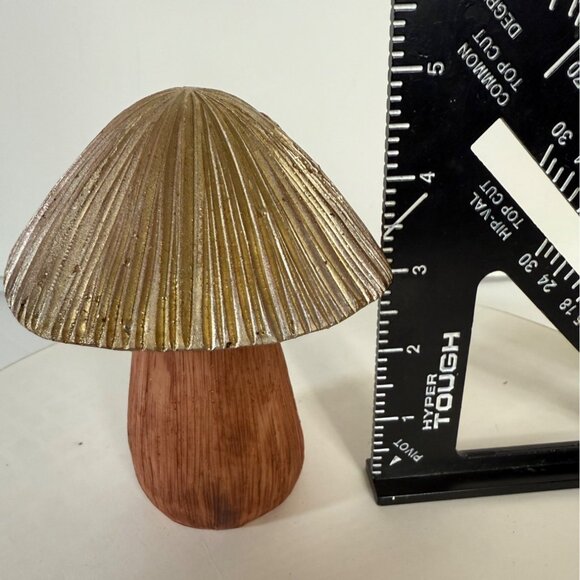Retro Style Mushroom Figurine Set Golden Glitter Cap Fairy Garden Wood Resin - Picture 8 of 14